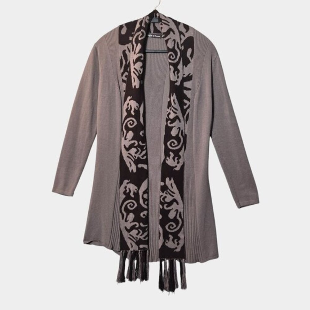 High Secret Open Front Scarf Cardigan‎ Taupe M Neutral Boho Fringe Art To Wear